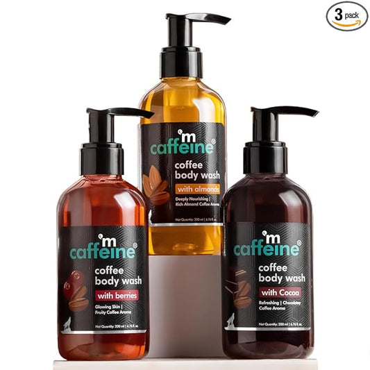 mCaffeine Coffee Body Washes for Men & Women| For Tan Removal & Deep Cleansing | Assorted Value Pack Combo | Contains 3 Shower Gels in Energizing Aroma of Berry, Almond & Cocoa | Pack of 3 | 600ml