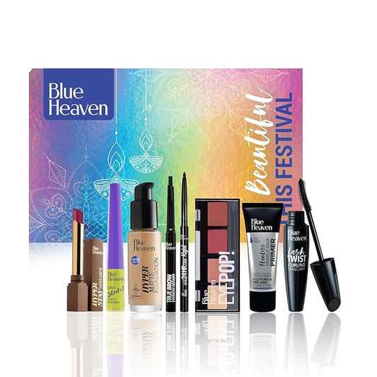 Blue Heaven Festive Makeup Kit Set | Pack of 8 Makeup Essentials | Complete Makeup Kit Set for women | Ideal for Festive Looks, Gifting & Bridal Makeup | Medium Tone Combo | Pack of 8 | 32.1g+45.5ml