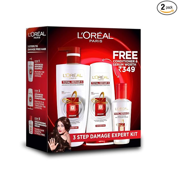 L'Oreal Paris Total Repair 5 Shampoo 704ml Combo with Conditioner, 192.5ml + Serum, 40ml FREE