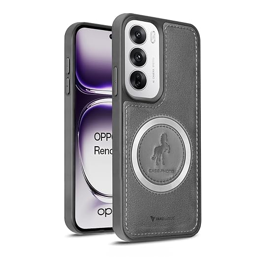 Vaku Luxos® Astrid Back Cover Case for Oppo Reno12 5G Leather Stitched Magnetic Magsafe Wireless Charging TPU Phone Case Camera Screen Protector- Grey
