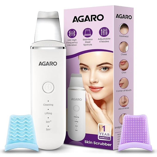 AGARO Ultrasonic Facial Skin Scrubber for Wet Skin, Blackheads Remover and Facial Pores Cleaner with 4 Modes, Stainless Steel Spatula Safe for Skin, 2 Silicone Covers Included, Rechargeable, White