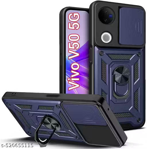 mobbysol Vivo V50 5G Bumper Back Case Cover Shockproof Cam Shield Armor Case | Kickstand Ring Holder Case For Vivo V50 5G - Blue