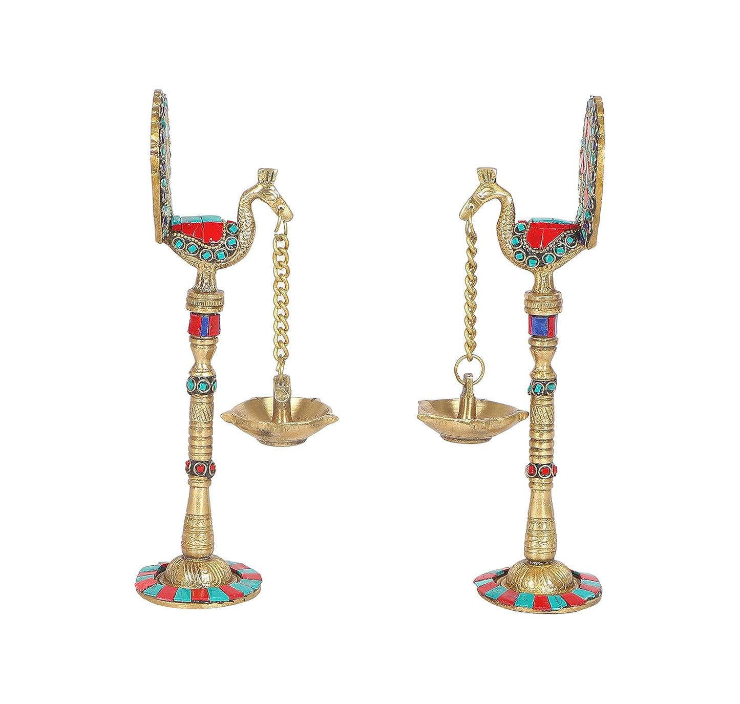 Two Moustaches Gemstone Work Peacock Design 9 Inches Brass Hanging Diya Pair, Brass Diyas for Decoration, Brass Oil Lamp, Brass Diya for Puja, Standard, Pack of 2
