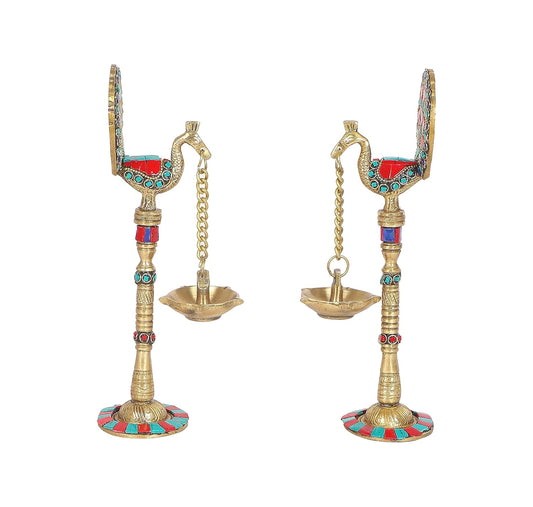Two Moustaches Gemstone Work Peacock Design 9 Inches Brass Hanging Diya Pair, Brass Diyas for Decoration, Brass Oil Lamp, Brass Diya for Puja, Standard, Pack of 2