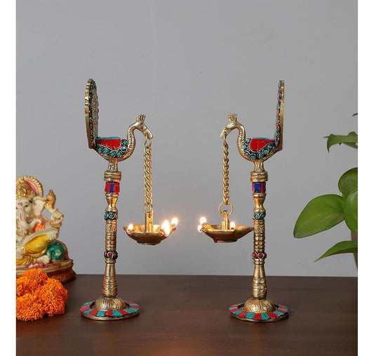 Two Moustaches Gemstone Work Peacock Design 9 Inches Brass Hanging Diya Pair, Brass Diyas for Decoration, Brass Oil Lamp, Brass Diya for Puja, Standard, Pack of 2