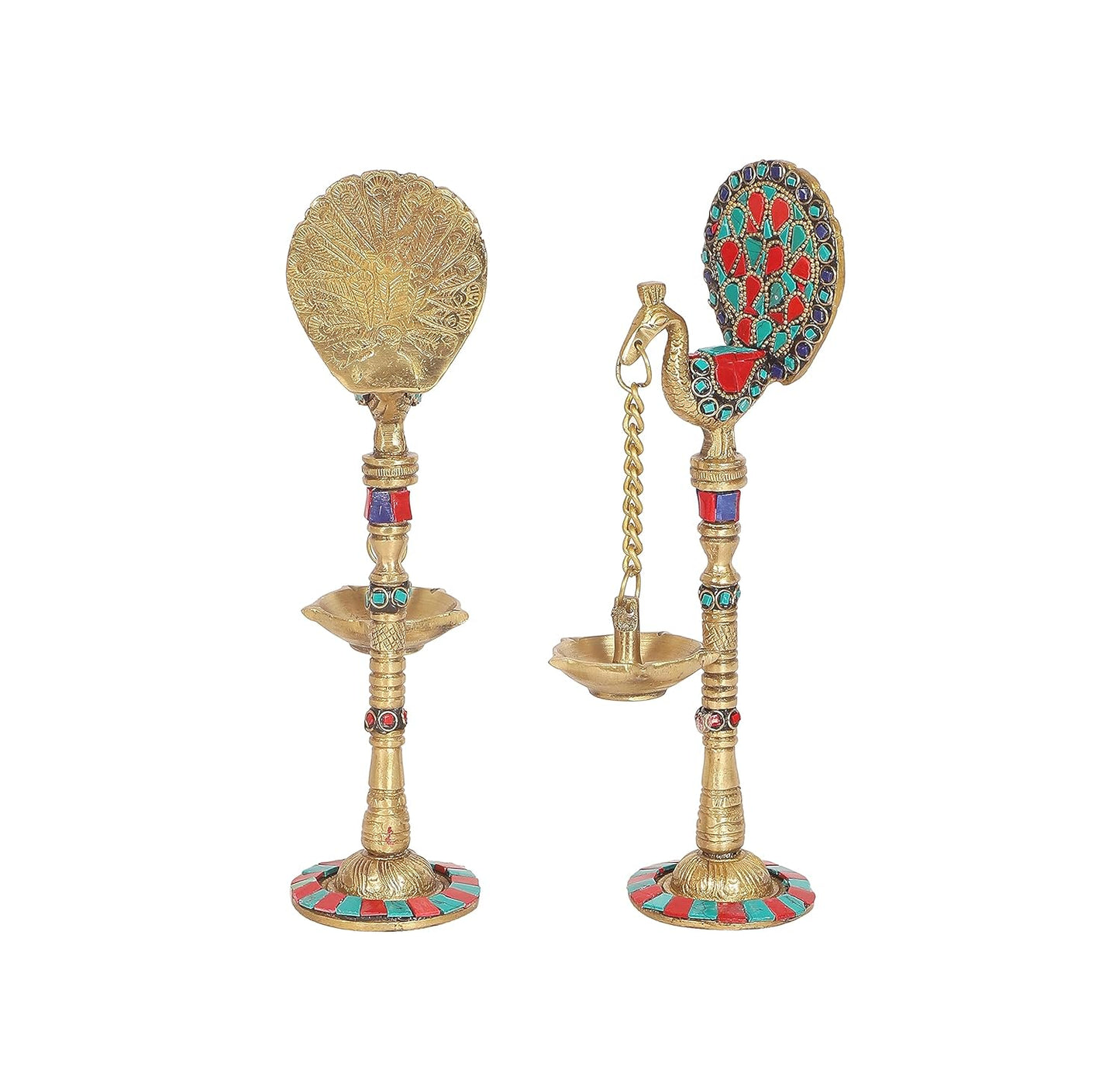 Two Moustaches Gemstone Work Peacock Design 9 Inches Brass Hanging Diya Pair, Brass Diyas for Decoration, Brass Oil Lamp, Brass Diya for Puja, Standard, Pack of 2