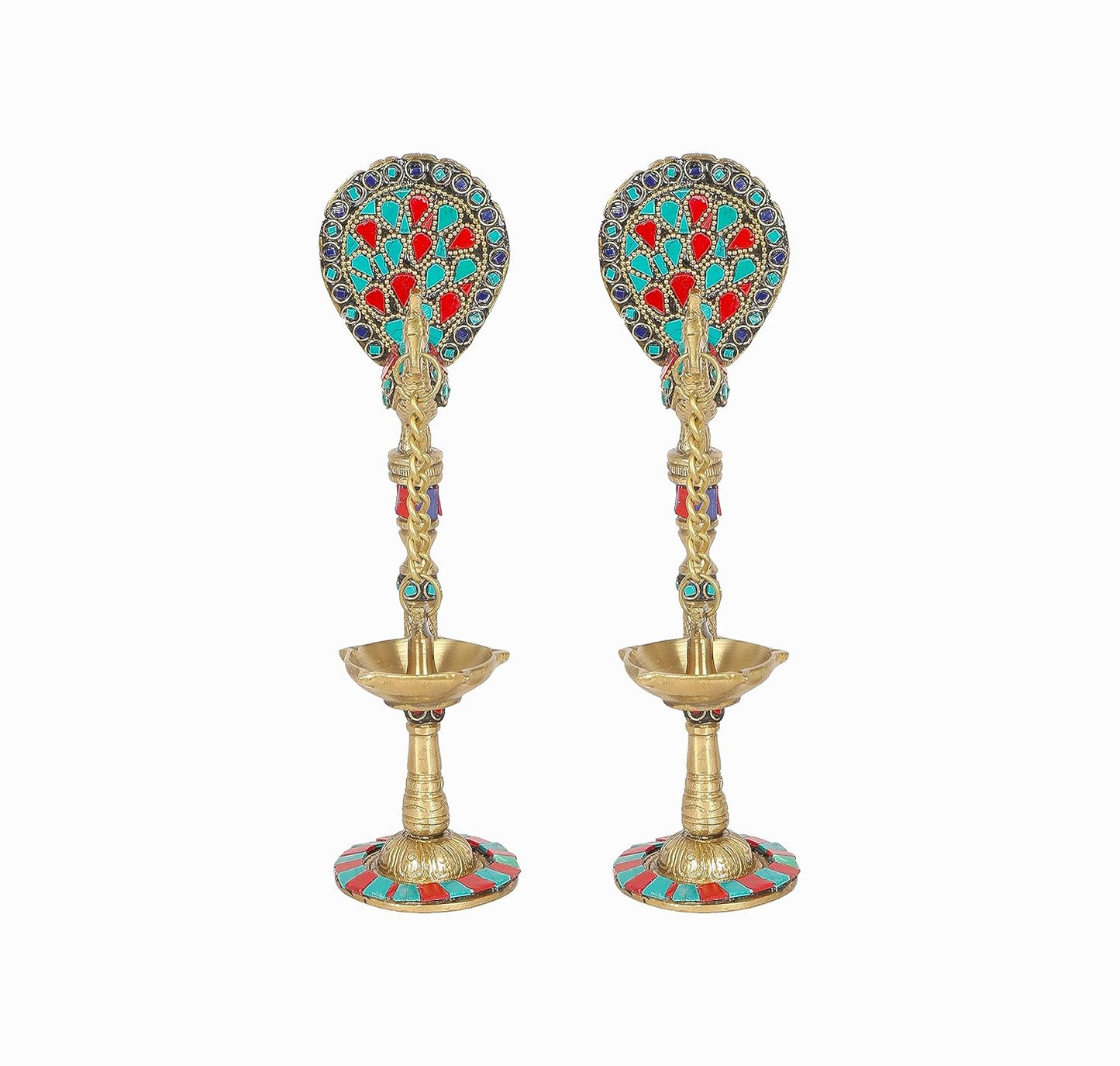 Two Moustaches Gemstone Work Peacock Design 9 Inches Brass Hanging Diya Pair, Brass Diyas for Decoration, Brass Oil Lamp, Brass Diya for Puja, Standard, Pack of 2