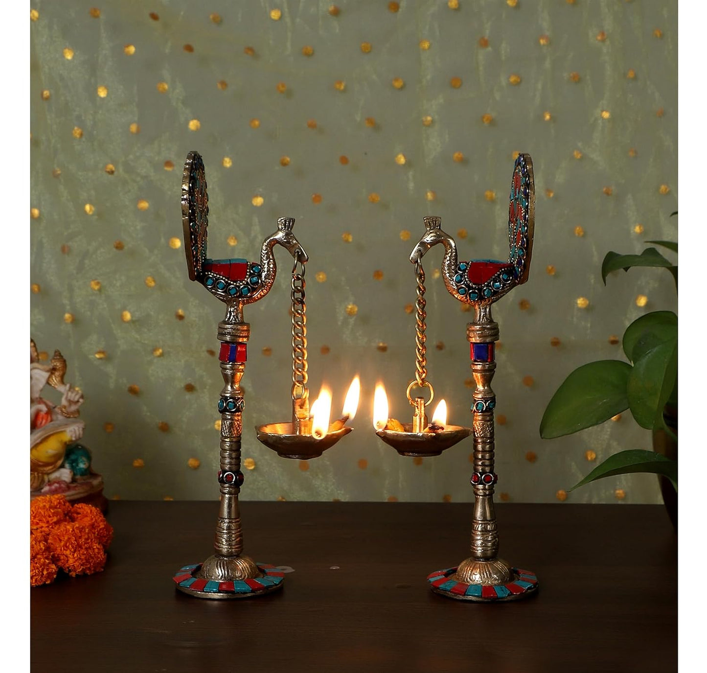 Two Moustaches Gemstone Work Peacock Design 9 Inches Brass Hanging Diya Pair, Brass Diyas for Decoration, Brass Oil Lamp, Brass Diya for Puja, Standard, Pack of 2