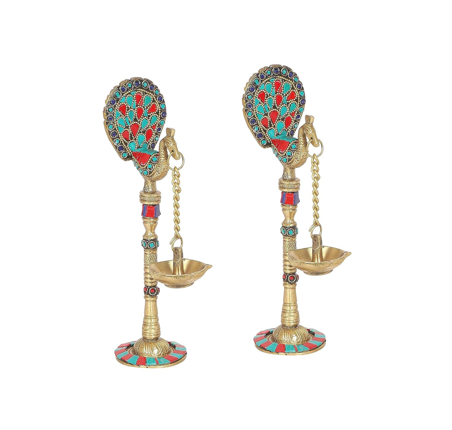 Two Moustaches Gemstone Work Peacock Design 9 Inches Brass Hanging Diya Pair, Brass Diyas for Decoration, Brass Oil Lamp, Brass Diya for Puja, Standard, Pack of 2