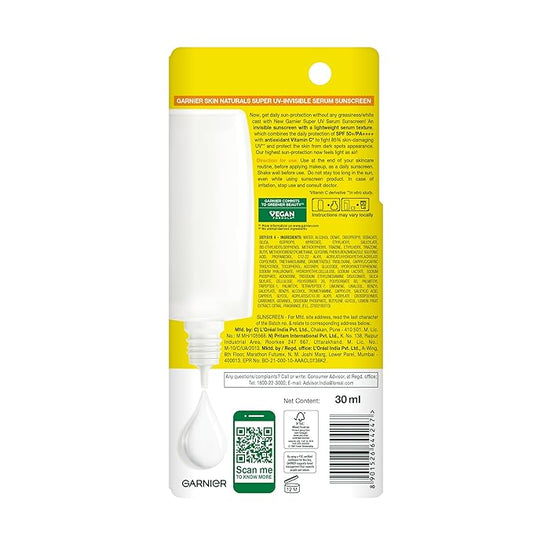 Garnier Super UV Invisible Serum Sunscreen SPF 50 PA++++ UVA/B for Broad Spectrum | Lightweight with Vitamin C | No White Cast | For All Skin Types (Oily, Dry, Acne-prone) | For Men & Women 30ml