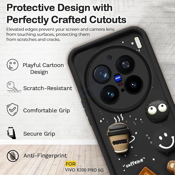AESTMO Back Case Cover for Vivo X200 Pro 5G | Cute Fun Cartoon 3D Ball | Coffee Silicone Case | Full Body Protection | Camera Protection Back Cover for Vivo X200 Pro 5G (Black)