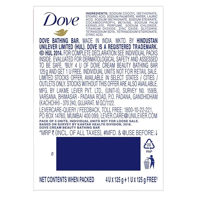Dove Cream Beauty Bathing Bar (Pack of 5) 125g each For 24 Hour Nourished Skin with ¼ Moisturising Cream and Nutrient Serum