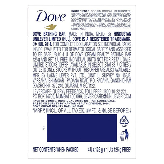Dove Cream Beauty Bathing Bar (Pack of 5) 125g each For 24 Hour Nourished Skin with ¼ Moisturising Cream and Nutrient Serum