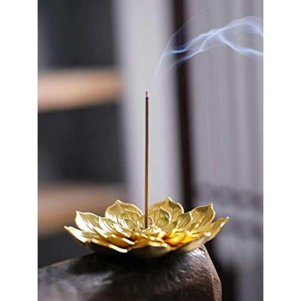 SATYAM KRAFT 1 Pcs Lotus Flower Agarbatti Stand | Golden Metal Incense Holder for Ganesh Chaturthi, Pooja Room, Mandir Decor, Festive Decoration Items for Home & Gift (Golden)
