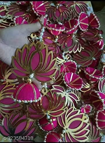 Giftlok Handmade Wall Decor Lotus with jhumki Style Hanging for Home Decor,Diwali Decor ,Wedding and All Festival Decor ( 6 PCS - Pink/Raani).Double layer MDF , Export Quality Lotus.Perfect for Mandir/ Temple/Pooja decor.
