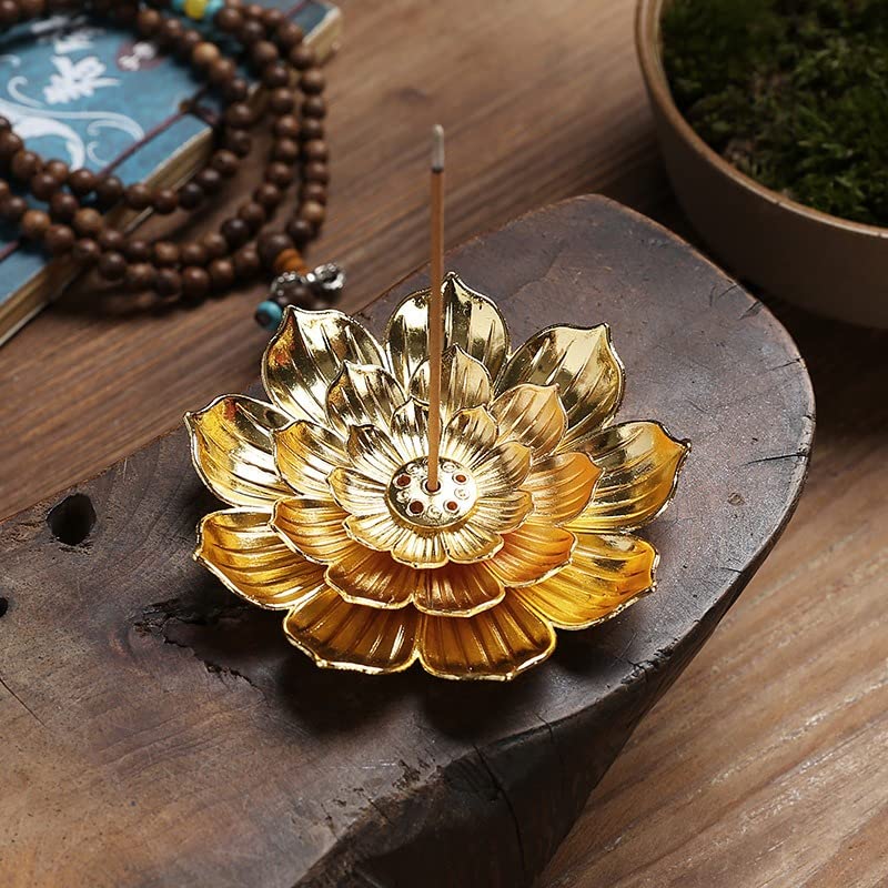 SATYAM KRAFT 1 Pcs Lotus Flower Agarbatti Stand | Golden Metal Incense Holder for Ganesh Chaturthi, Pooja Room, Mandir Decor, Festive Decoration Items for Home & Gift (Golden)