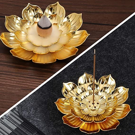 SATYAM KRAFT 1 Pcs Lotus Flower Agarbatti Stand | Golden Metal Incense Holder for Ganesh Chaturthi, Pooja Room, Mandir Decor, Festive Decoration Items for Home & Gift (Golden)