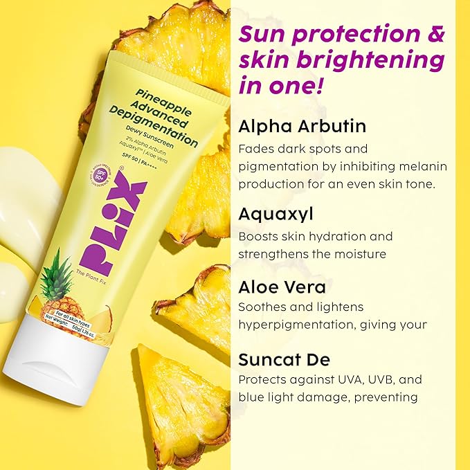 PLIX - THE PLANT FIX Pineapple Advanced Depigmentation Dewy Sunscreen SPF 50 PA++++ | Alpha Arbutin & Aquaxyl | Reduces Pigmentation, Protects from UV & Blue Light, Hydrates Skin | Vegan & Paraben-Free | 50g