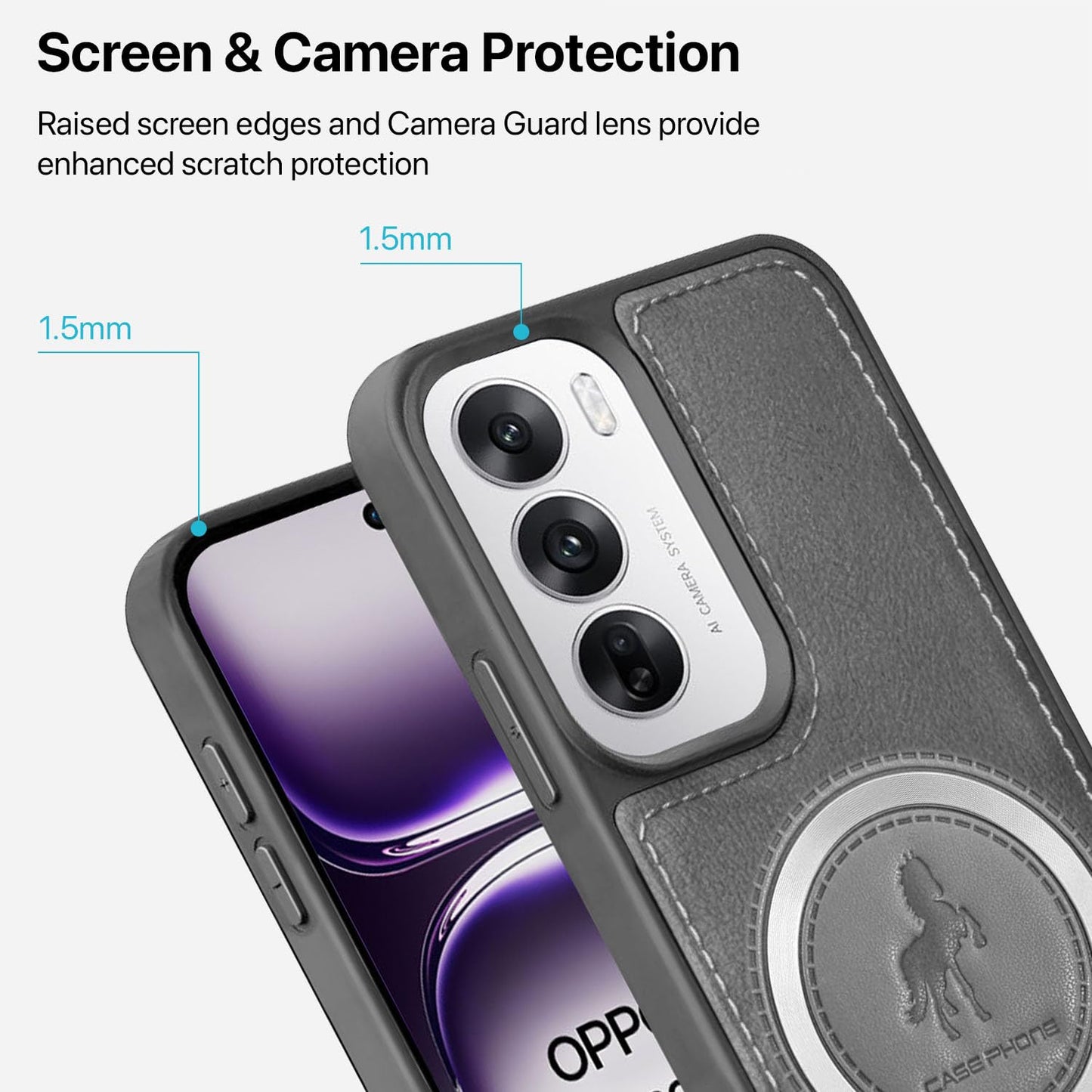 Vaku Luxos® Astrid Back Cover Case for Oppo Reno12 5G Leather Stitched Magnetic Magsafe Wireless Charging TPU Phone Case Camera Screen Protector- Grey