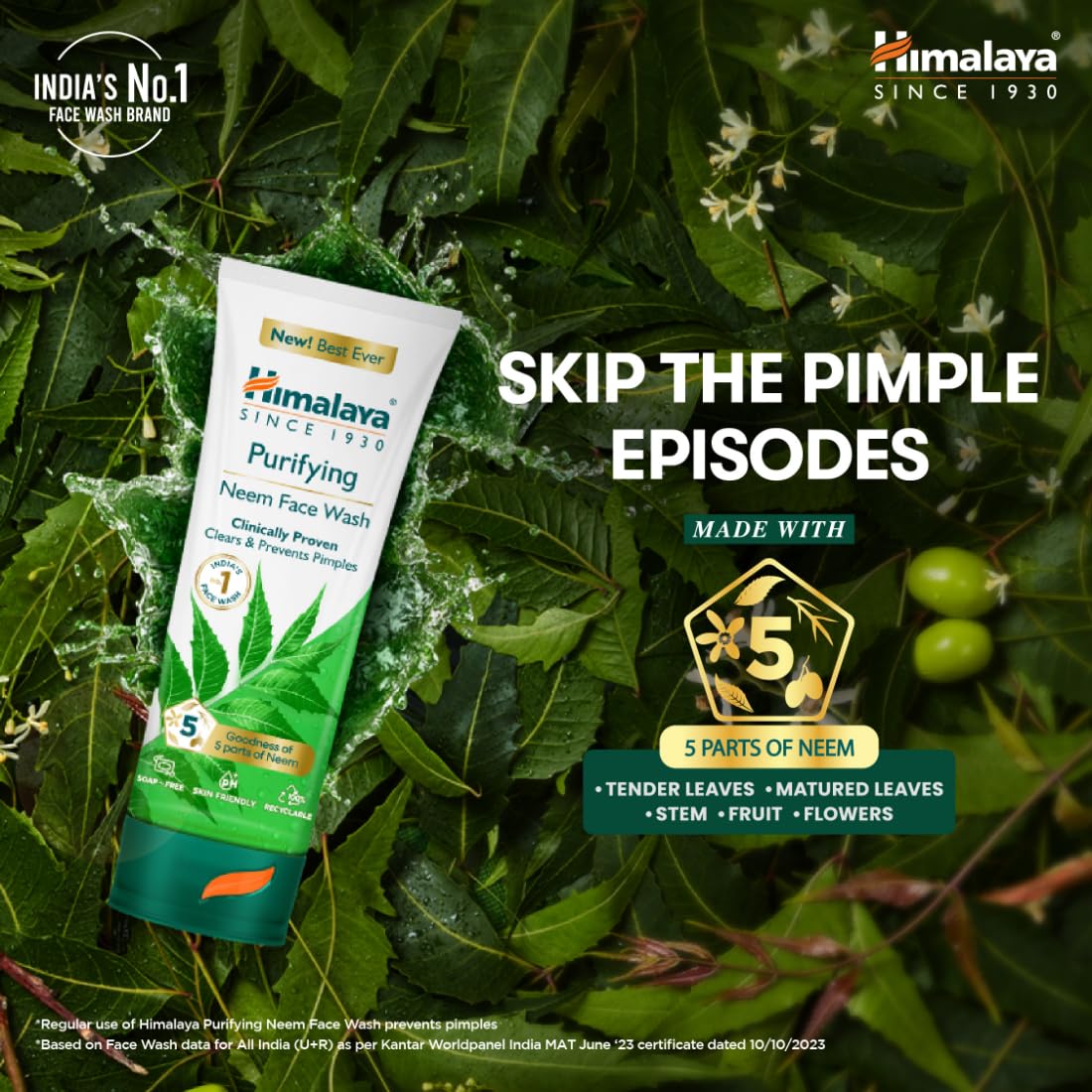 Himalaya Purifying Neem Face Wash|Clears and Prevents Pimples & Acne|Made with 5 parts of Neem|New & Best Ever clinically Proven formula|Gently Cleanses|For men and women|150 ml