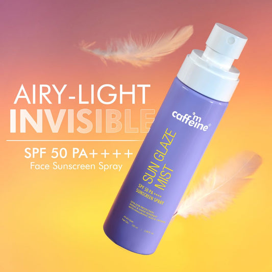 mCaffeine Sun Glaze Mist SPF 50 PA++++ Face Sunscreen Spray | 1% Hyaluronic Acid for Hydration| No White Cast | Easy Application Over Makeup & Quick Absorbing Sunscreen Spray | For All Skin Types