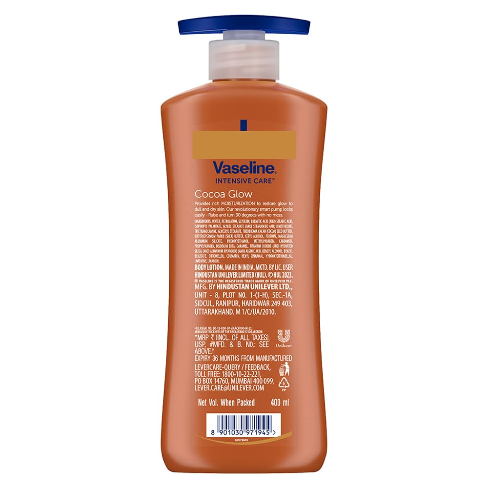 Vaseline Intensive Care Cocoa Glow Body Lotion, 24 hr nourishing lotion with 100% Cocoa And Shea Butter, Restores Glow, 400 ml