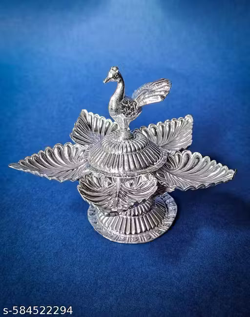 Veritas & Co. Presents Peacock 5 Deep Niranjan | German Silver Traditional Pooja Diya | Festival Decoration Deepam for Mandir