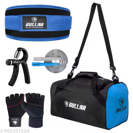 BULLAR Gym Accessories Set with Duffle Bag, Weight Lifting Belt, Hand Gripper, Jump Rope, Workout Gloves (Black/Blue)