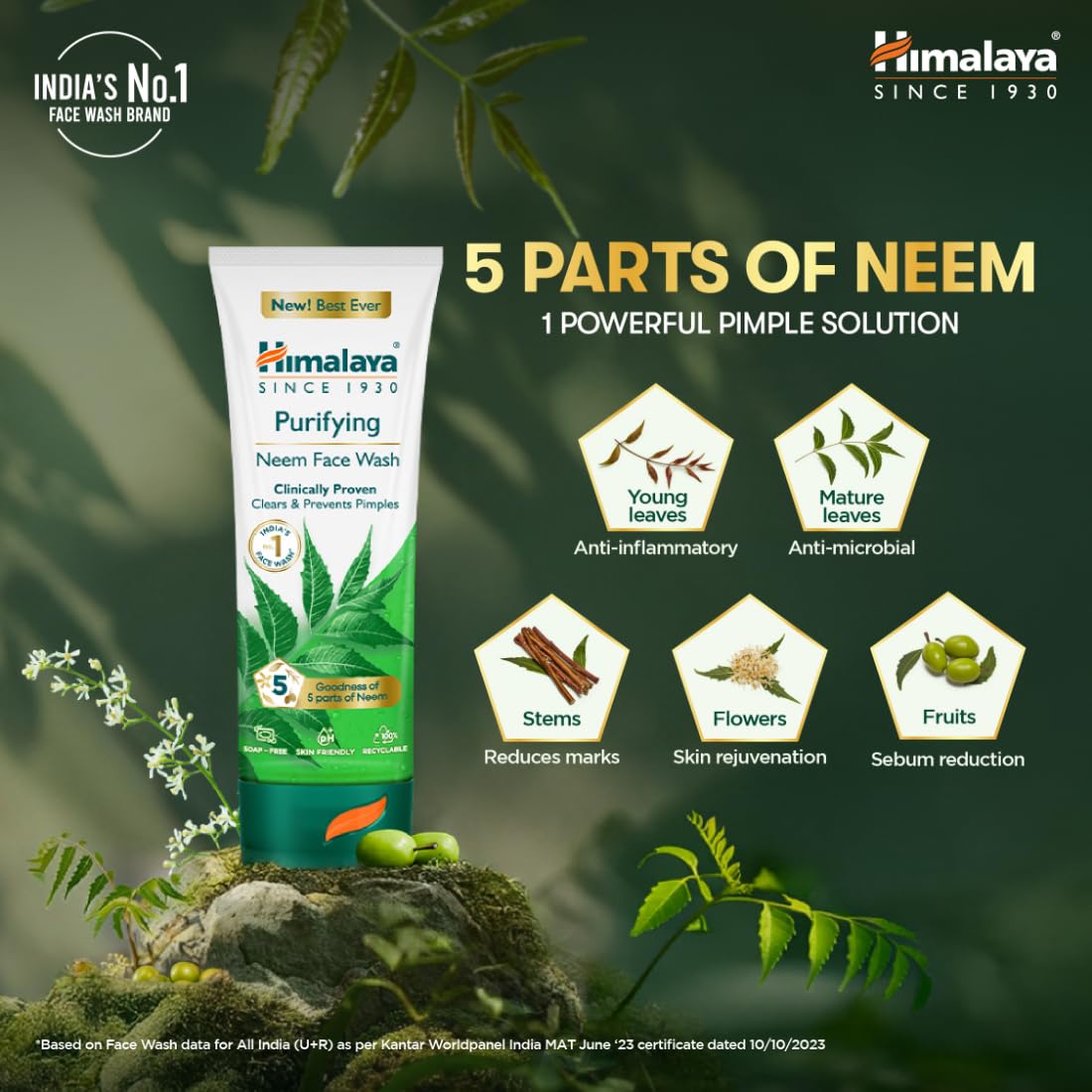 Himalaya Purifying Neem Face Wash|Clears and Prevents Pimples & Acne|Made with 5 parts of Neem|New & Best Ever clinically Proven formula|Gently Cleanses|For men and women|150 ml