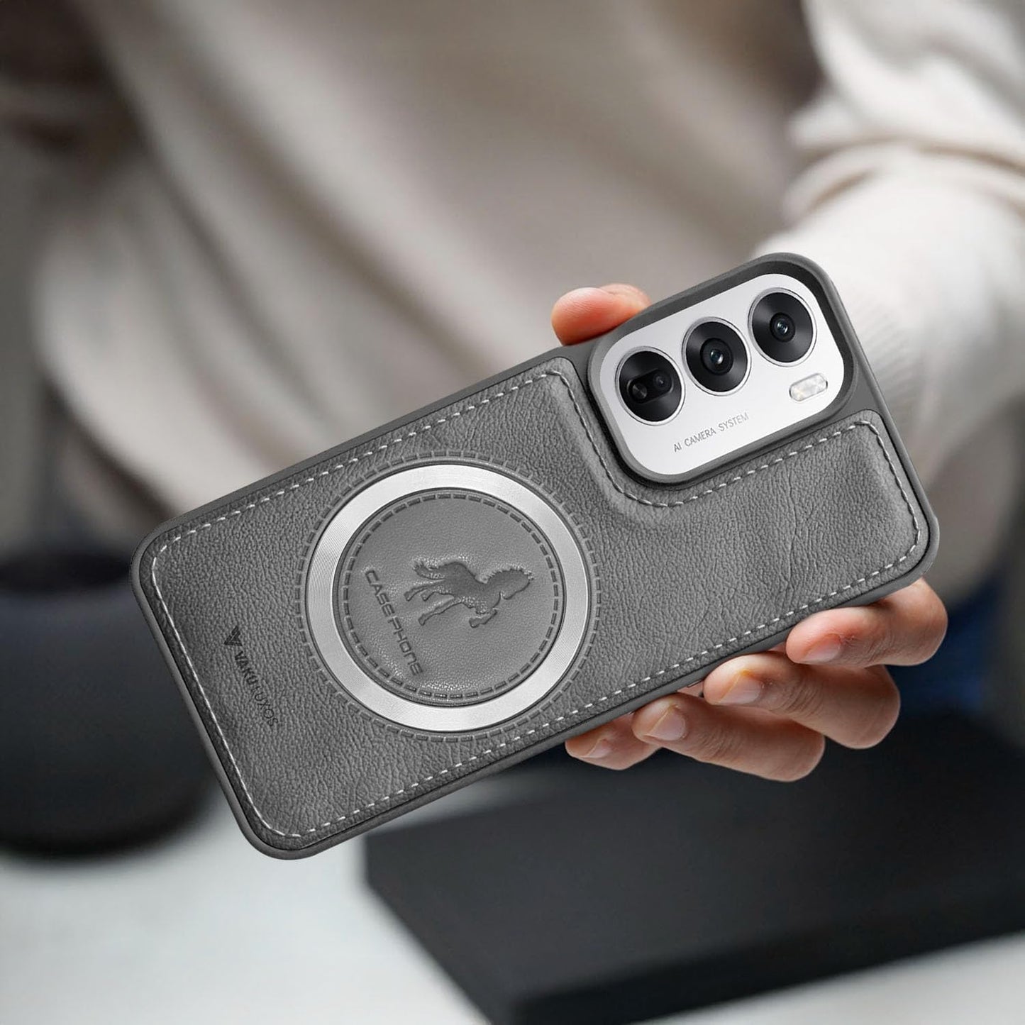 Vaku Luxos® Astrid Back Cover Case for Oppo Reno12 5G Leather Stitched Magnetic Magsafe Wireless Charging TPU Phone Case Camera Screen Protector- Grey