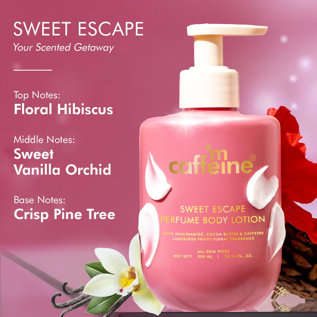 mCaffeine Sweet Escape Perfume Body Lotion | Niacinamide, Cocoa Butter & Shea Butter For Deep Moisturization | Lightweight, Non-Sticky | Fruity-Floral Fragrance | Body Lotion For Dry Skin - 300ml