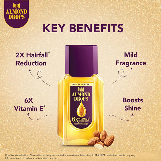 Bajaj Almond Drops Hair Oil, 95ml | 6X Vitamin E Nourishment | Light and Non-Sticky Hair Oil For Hair Fall Control