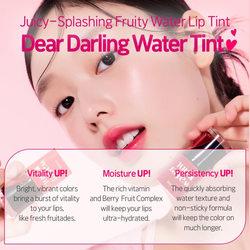 ETUDE Dear Darling Water Gel Luminous Lip & Cheek Tint| Long Lasting, Waterproof, Smudgeproof |Korean Makeup|Shade-02,Cherry-9Gm