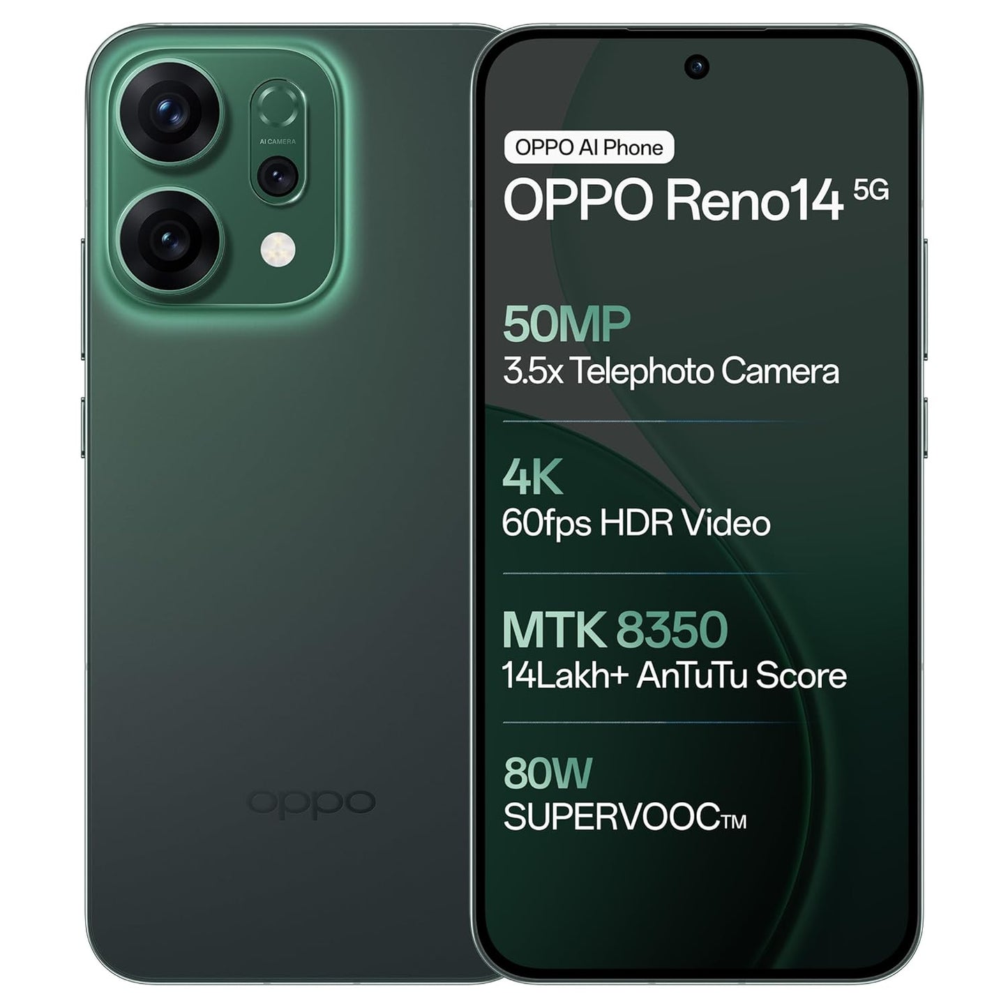 OPPO Reno14 5G (Forest Green, 12GB RAM, 256GB Storage) with No Cost EMI/Additional Exchange Offers