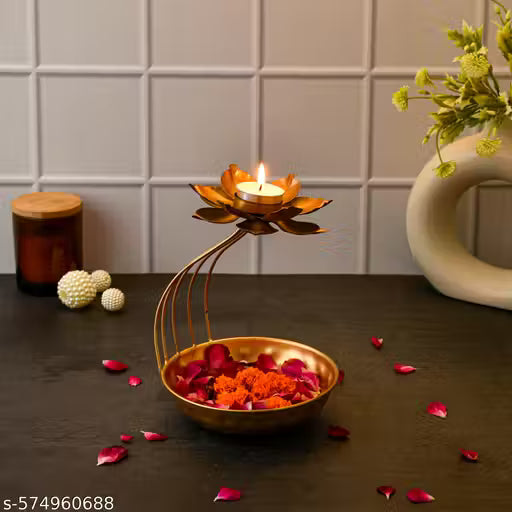 S-A Decor Beautiful Golden Metal Lotus Flower Shape Tealight Candle Holder Diwali Diya Home Decoration Decoration Item | Diwali Decoration | |tealight Candle Holder Indoor Outdoor Decor (9 inches)