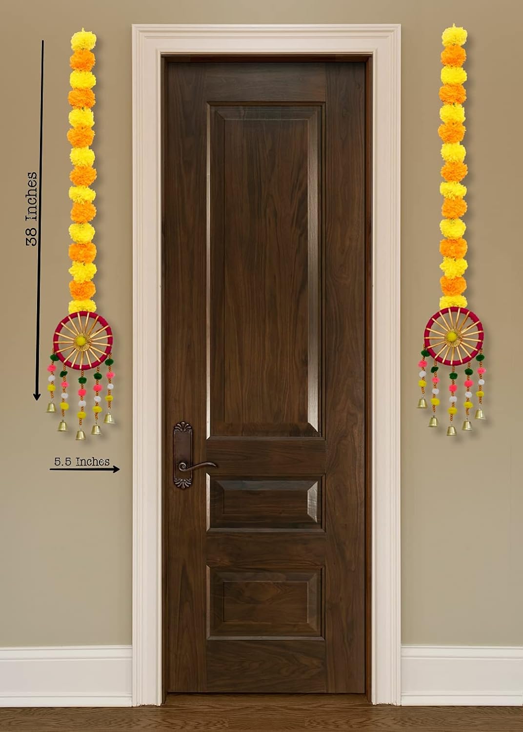 JH Gallery Plastic, Wool Handmade Artificial Marigold Fluffy Flowers with Ring Bell Hanging Latkan Toran For Home, Festival, Wedding, Temple Pooja Room Decoration (Pack of 6)
