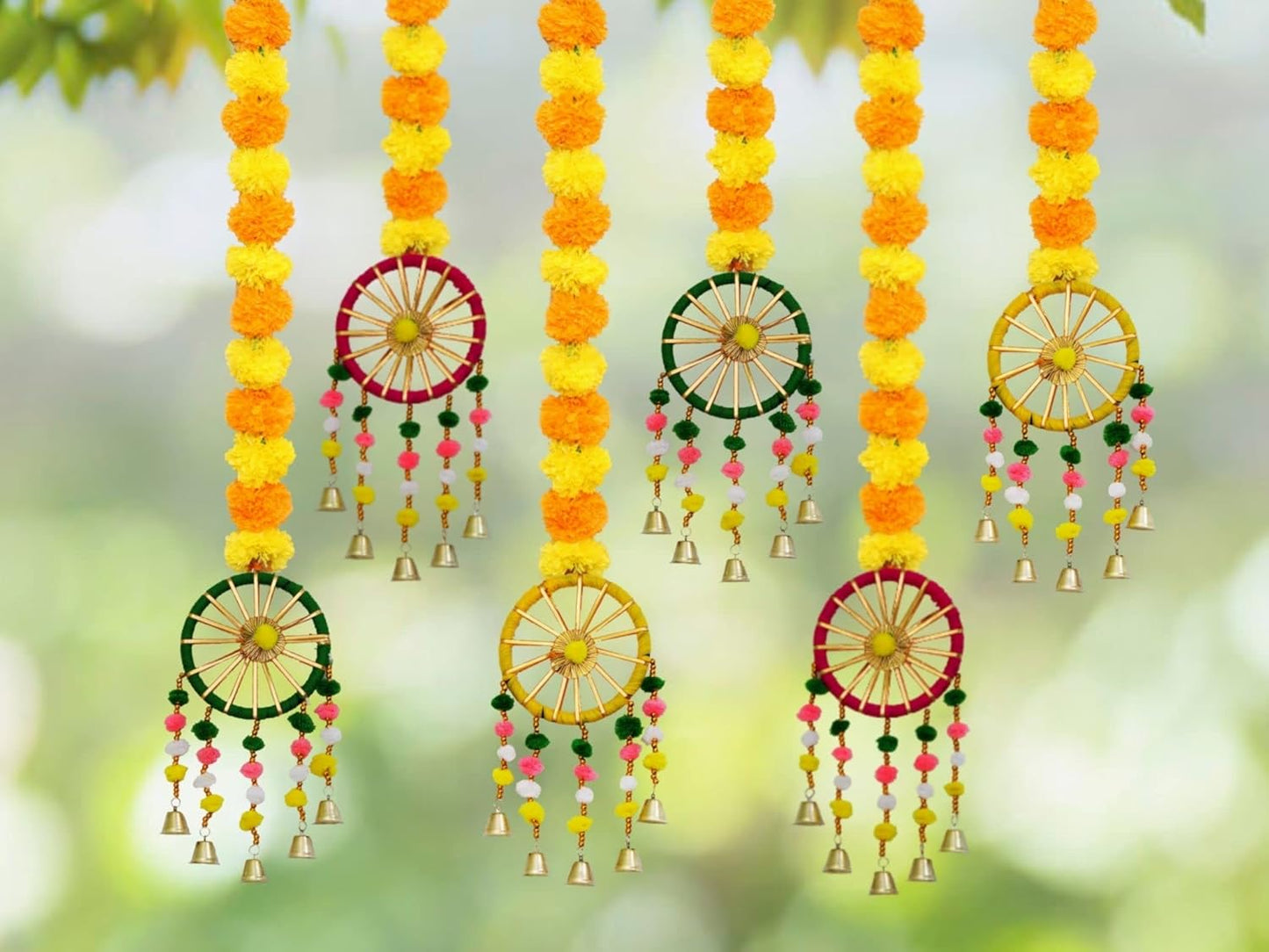 JH Gallery Plastic, Wool Handmade Artificial Marigold Fluffy Flowers with Ring Bell Hanging Latkan Toran For Home, Festival, Wedding, Temple Pooja Room Decoration (Pack of 6)