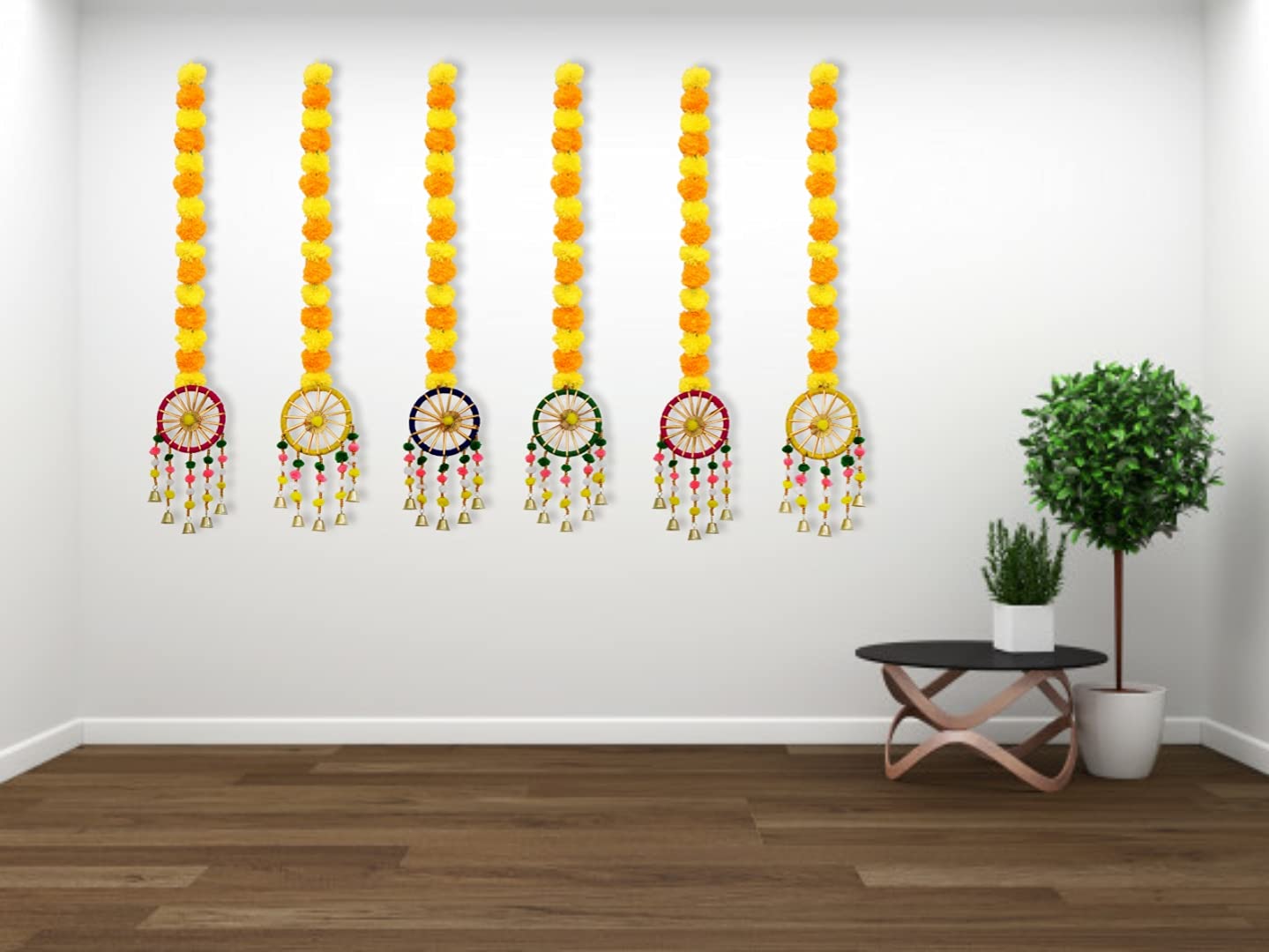 JH Gallery Plastic, Wool Handmade Artificial Marigold Fluffy Flowers with Ring Bell Hanging Latkan Toran For Home, Festival, Wedding, Temple Pooja Room Decoration (Pack of 6)