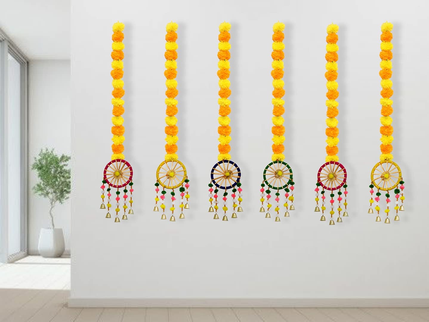 JH Gallery Plastic, Wool Handmade Artificial Marigold Fluffy Flowers with Ring Bell Hanging Latkan Toran For Home, Festival, Wedding, Temple Pooja Room Decoration (Pack of 6)