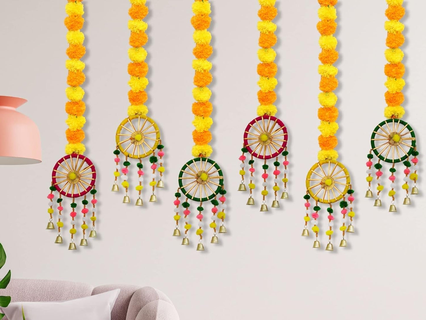 JH Gallery Plastic, Wool Handmade Artificial Marigold Fluffy Flowers with Ring Bell Hanging Latkan Toran For Home, Festival, Wedding, Temple Pooja Room Decoration (Pack of 6)