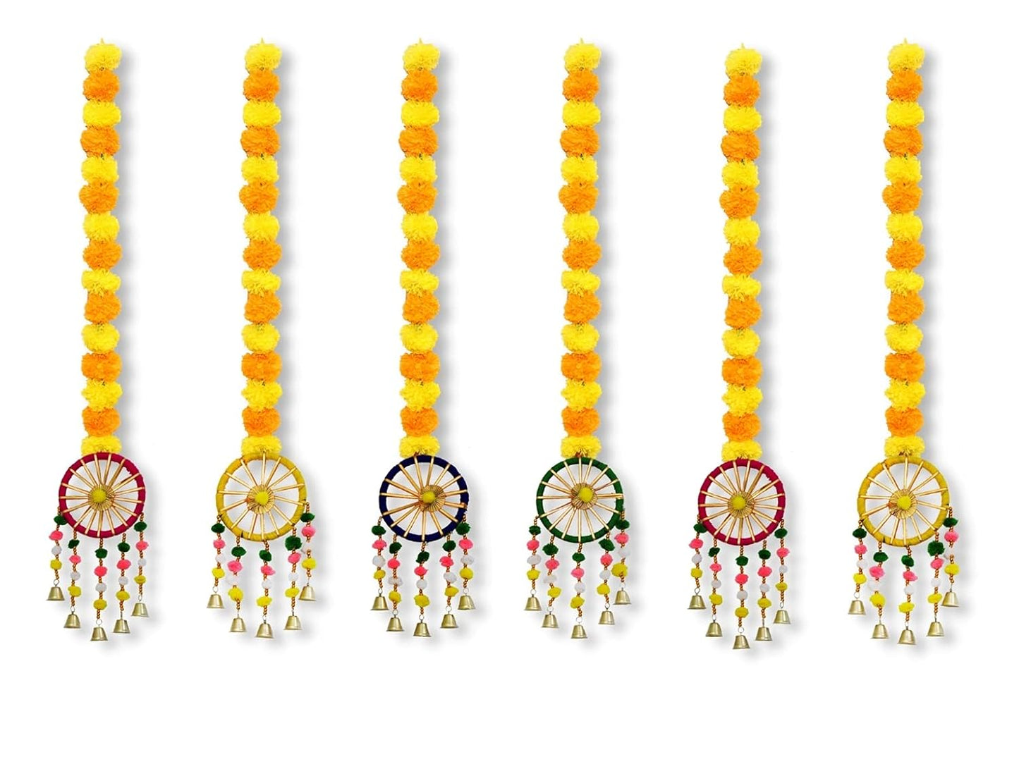 JH Gallery Plastic, Wool Handmade Artificial Marigold Fluffy Flowers with Ring Bell Hanging Latkan Toran For Home, Festival, Wedding, Temple Pooja Room Decoration (Pack of 6)