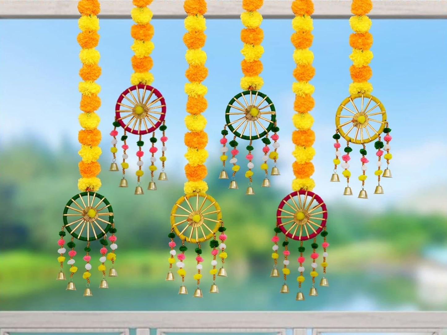 JH Gallery Plastic, Wool Handmade Artificial Marigold Fluffy Flowers with Ring Bell Hanging Latkan Toran For Home, Festival, Wedding, Temple Pooja Room Decoration (Pack of 6)