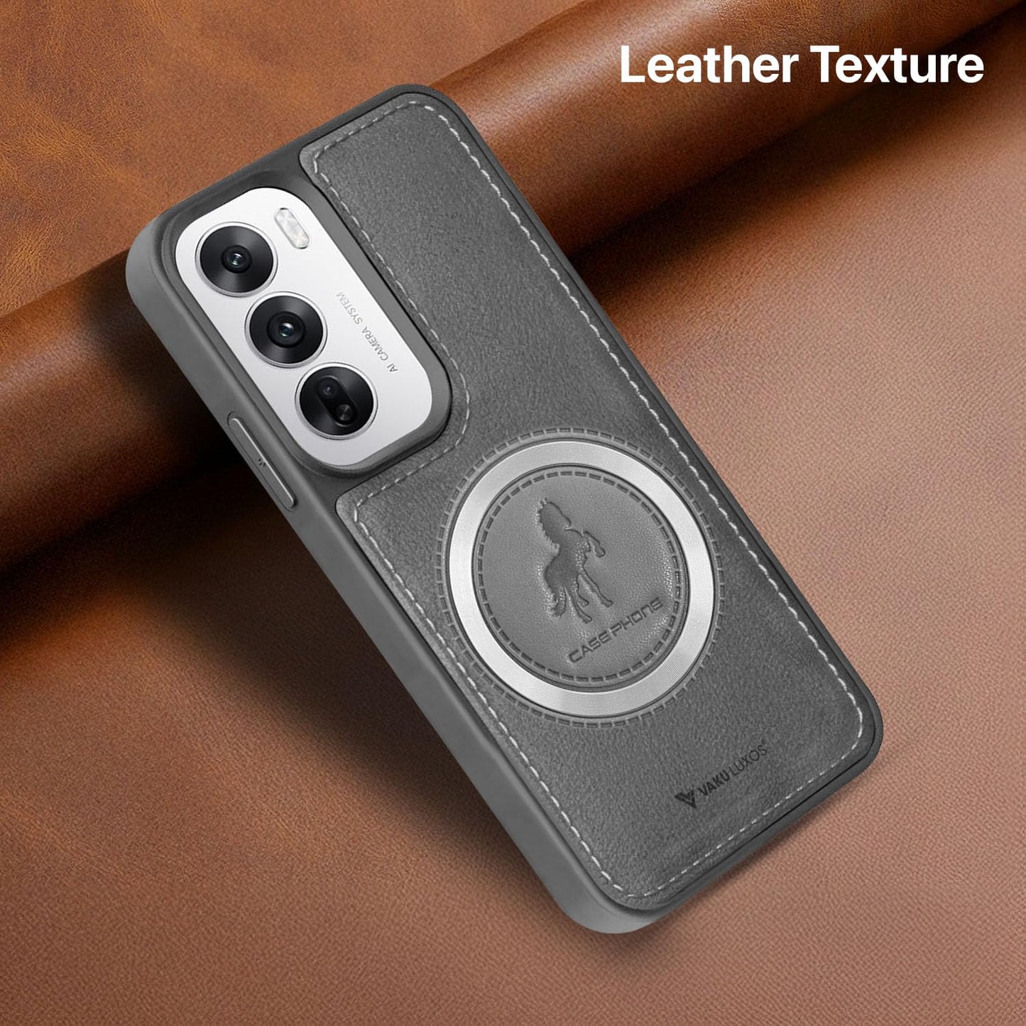 Vaku Luxos® Astrid Back Cover Case for Oppo Reno12 5G Leather Stitched Magnetic Magsafe Wireless Charging TPU Phone Case Camera Screen Protector- Grey