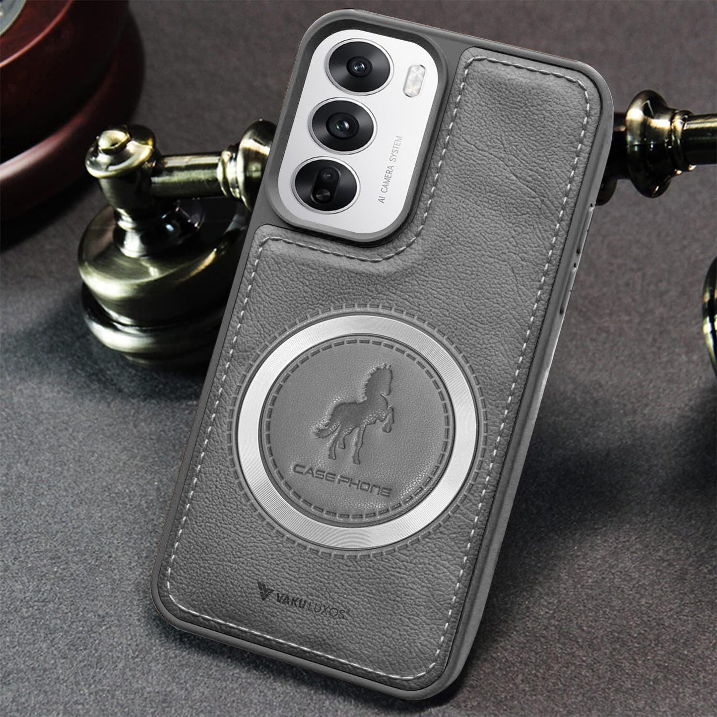 Vaku Luxos® Astrid Back Cover Case for Oppo Reno12 5G Leather Stitched Magnetic Magsafe Wireless Charging TPU Phone Case Camera Screen Protector- Grey