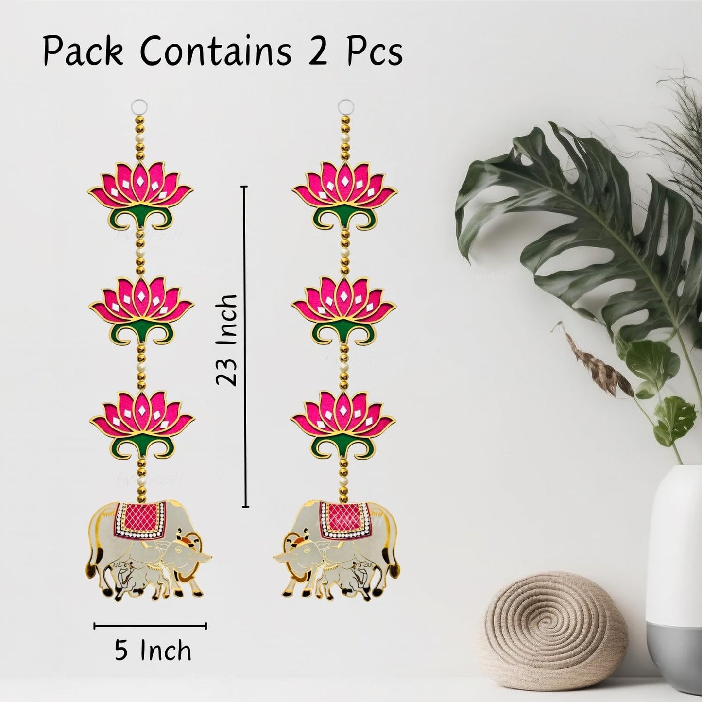 Divyakosh rosewood Door Entrance Hanging, Mandir Door Decorations Items, Pink Lotus with Cowcalf Style Hanging, Ganpati Decor & Diwali Decoration|Door Hanging|2 Pieces|23 Inch |
