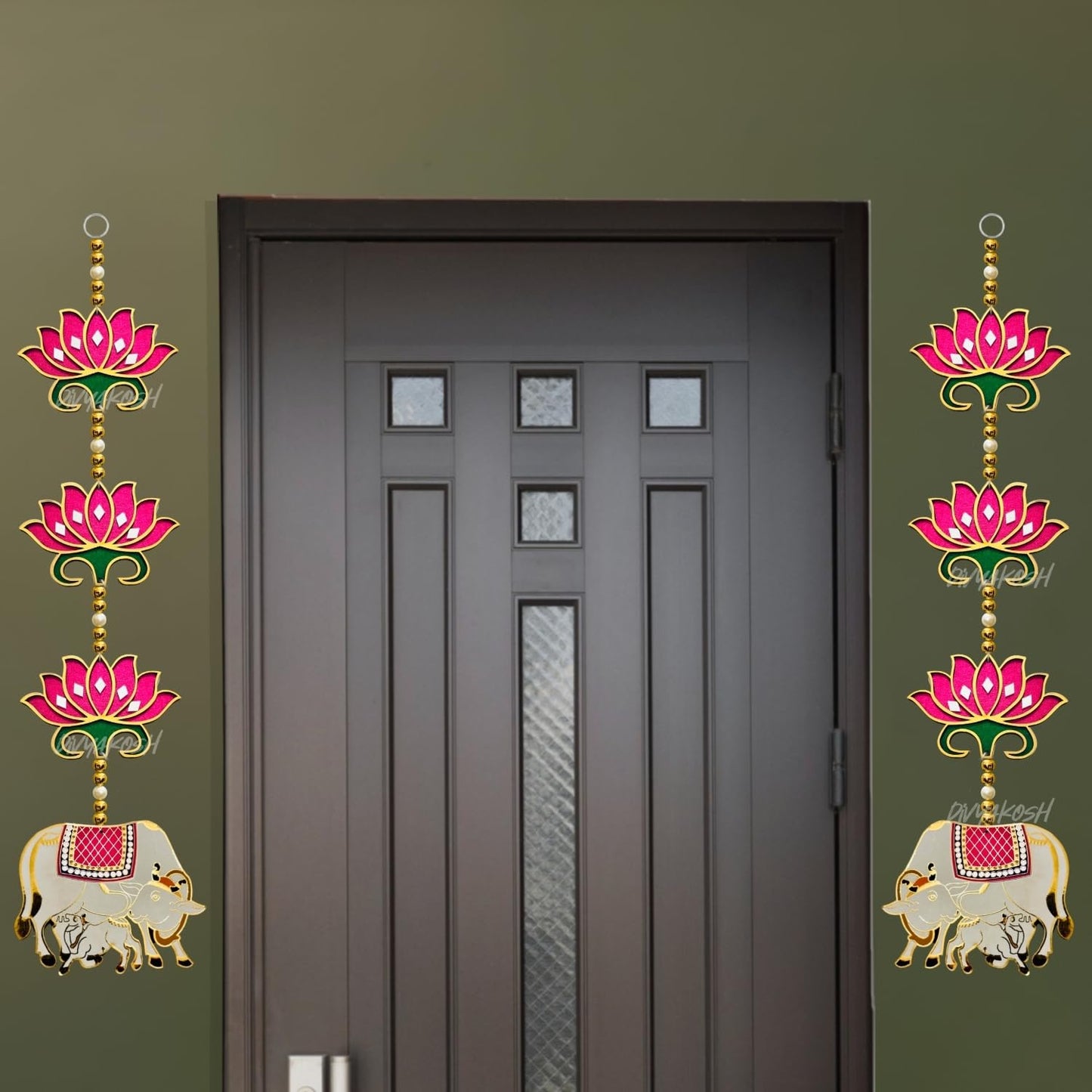 Divyakosh rosewood Door Entrance Hanging, Mandir Door Decorations Items, Pink Lotus with Cowcalf Style Hanging, Ganpati Decor & Diwali Decoration|Door Hanging|2 Pieces|23 Inch |