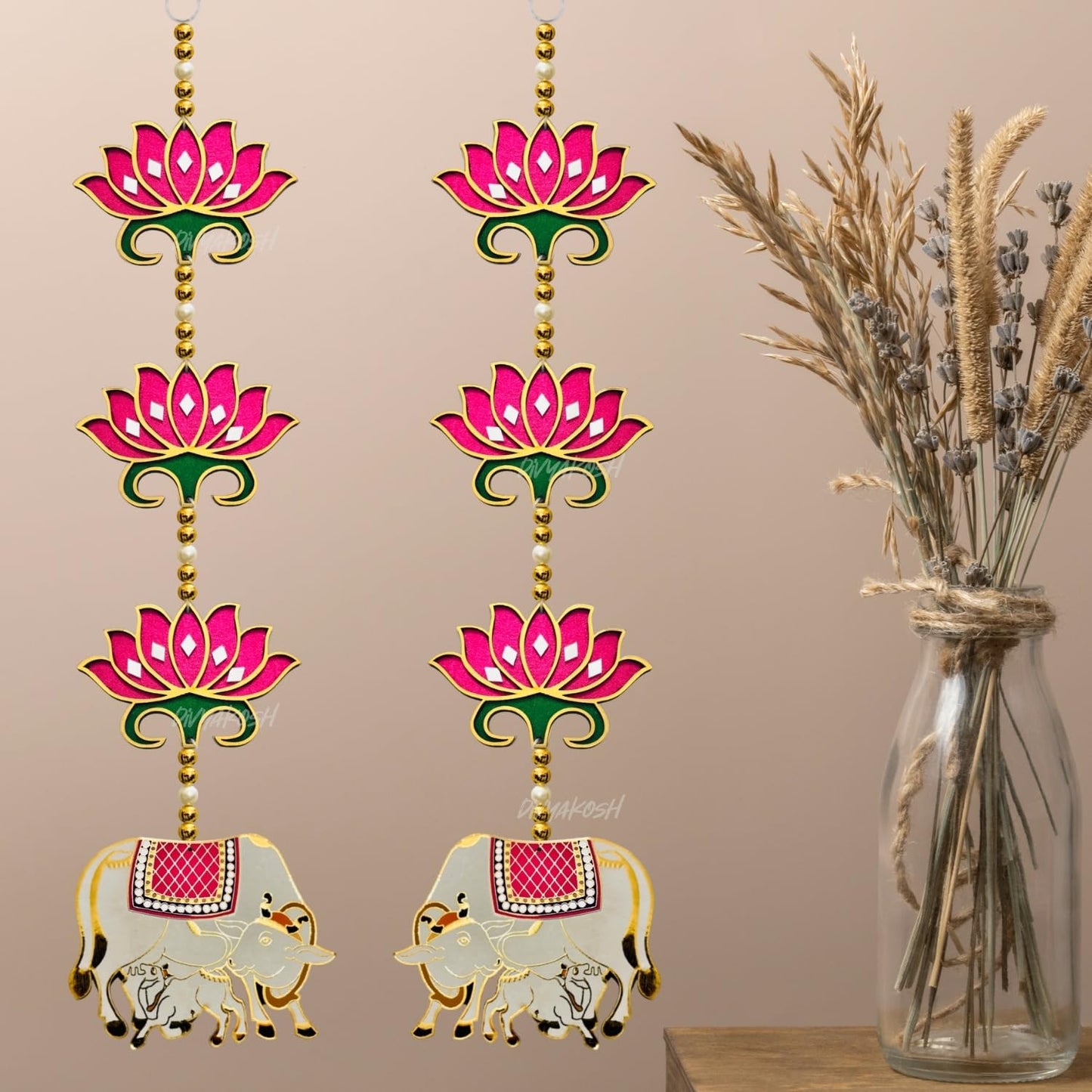 Divyakosh rosewood Door Entrance Hanging, Mandir Door Decorations Items, Pink Lotus with Cowcalf Style Hanging, Ganpati Decor & Diwali Decoration|Door Hanging|2 Pieces|23 Inch |