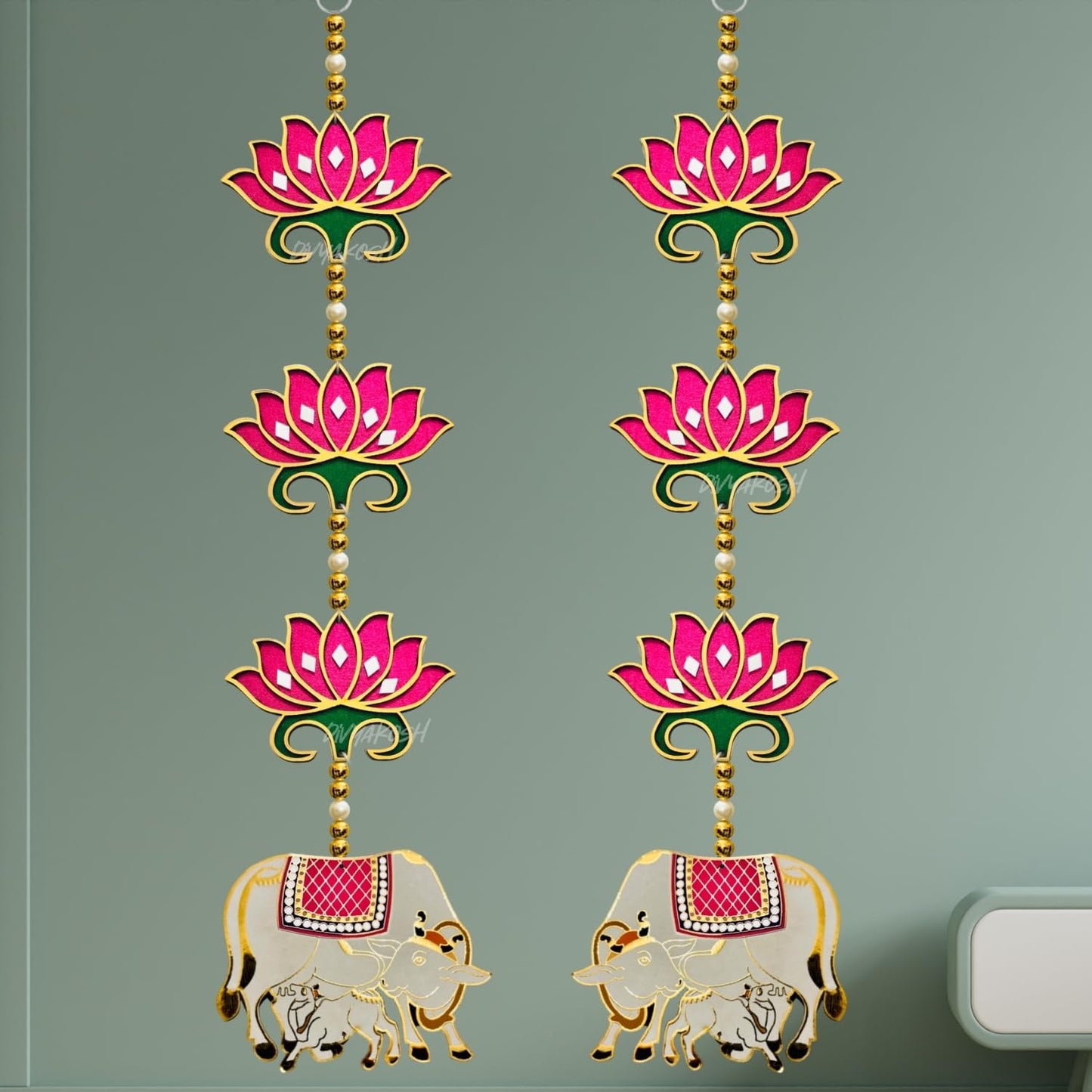 Divyakosh rosewood Door Entrance Hanging, Mandir Door Decorations Items, Pink Lotus with Cowcalf Style Hanging, Ganpati Decor & Diwali Decoration|Door Hanging|2 Pieces|23 Inch |