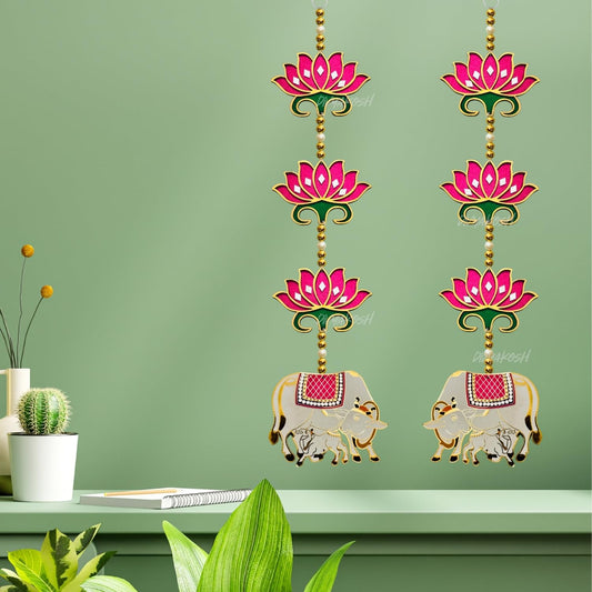 Divyakosh rosewood Door Entrance Hanging, Mandir Door Decorations Items, Pink Lotus with Cowcalf Style Hanging, Ganpati Decor & Diwali Decoration|Door Hanging|2 Pieces|23 Inch |