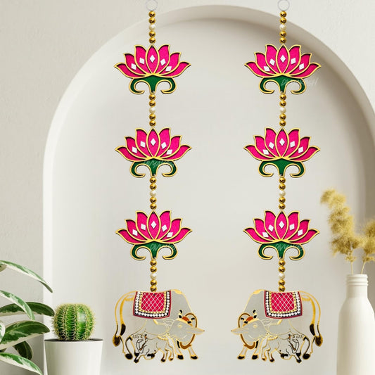 Divyakosh rosewood Door Entrance Hanging, Mandir Door Decorations Items, Pink Lotus with Cowcalf Style Hanging, Ganpati Decor & Diwali Decoration|Door Hanging|2 Pieces|23 Inch |